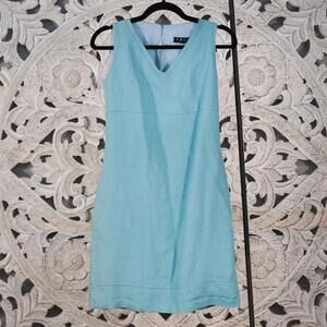 Vintage TRIO Aqua Blue 100% Linen Dress 4 V-Neck Sheath Made in USA